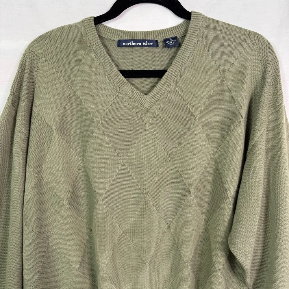 Northern Isles Vintage Olive Green Argyle Pattern Cotton Sweater Xl